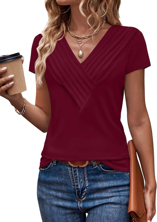 Womens Tshirts Trendy Fashion Tops Short Sleeve V Neck Loose Fit Summer Casual Blouses